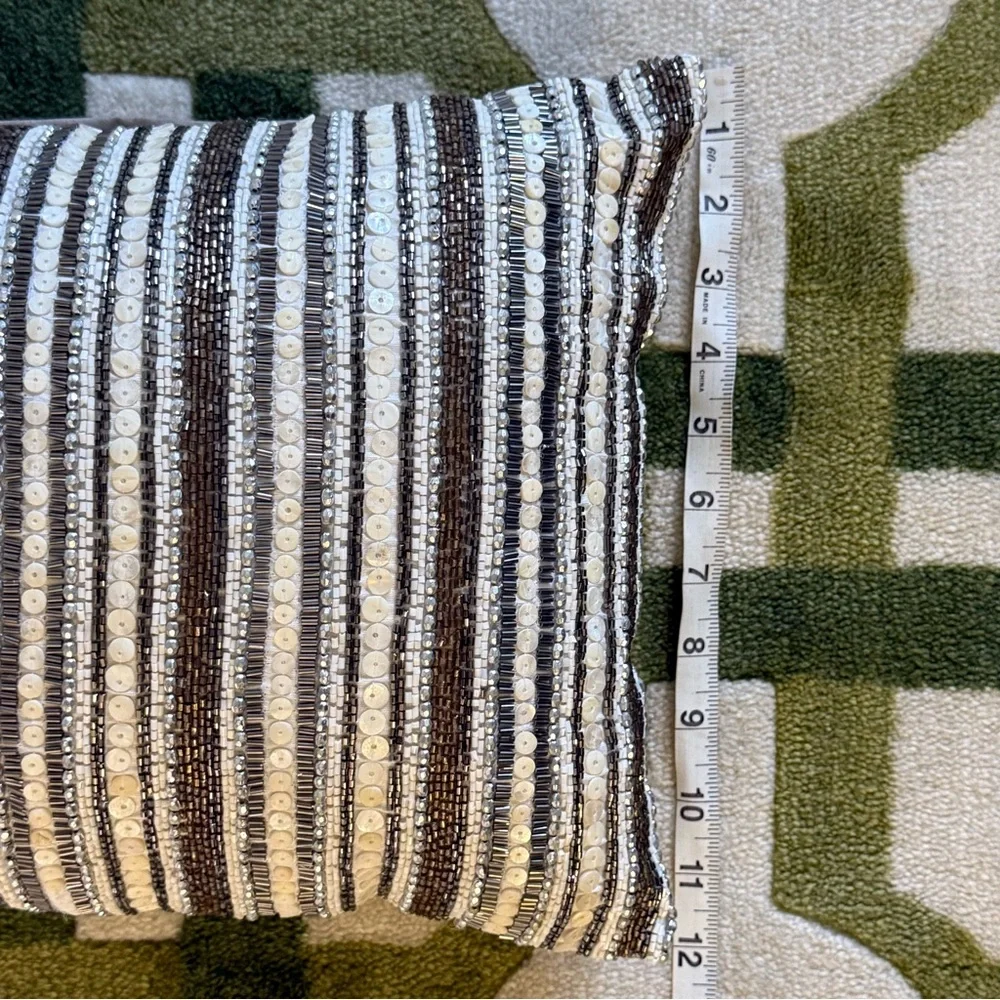 🧸 Striped Beaded Accent Pillow in Cream, Bronze, & Silver